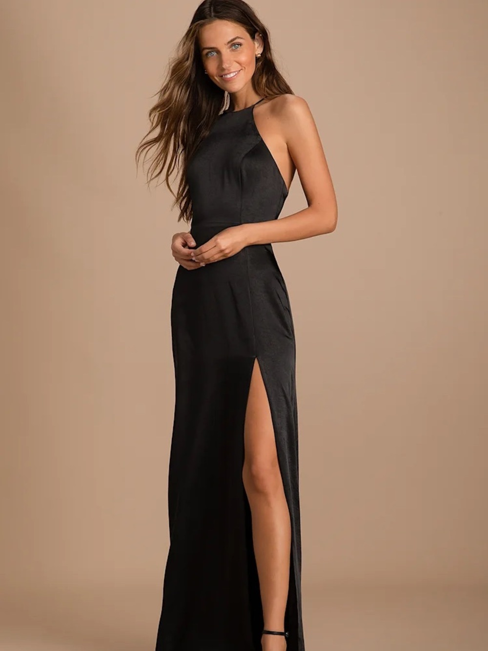 Lulu’s Make it Elegant Black Satin Strappy Maxi Dress- medium